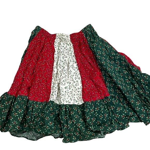 Festive Womens Holiday Patchwork Skirt With Ruffled Hem & Elastic Waist - Picture 3 of 3